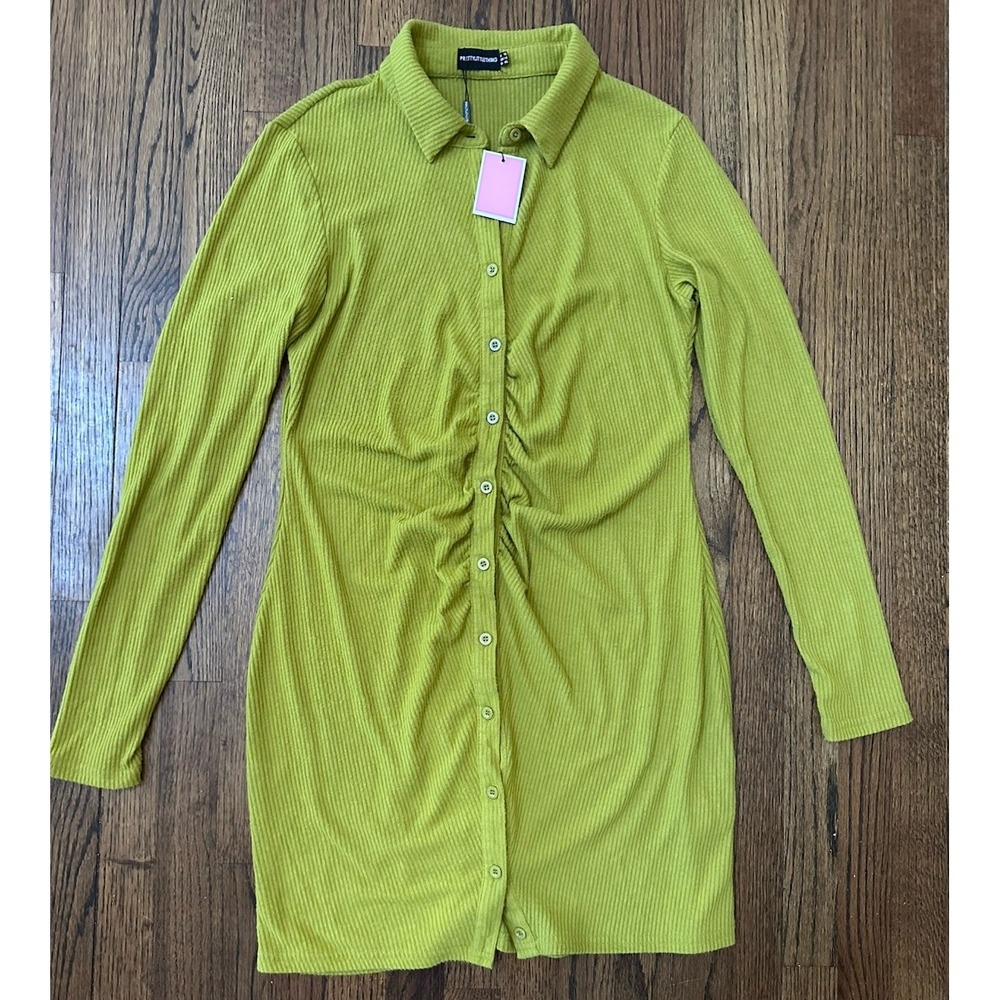 Pretty Little Thing Women's Lime Green Button Down Collared Dress Size 14 NWT